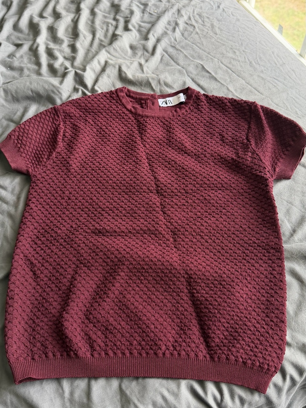 ZARA Short-Sleeve Textured Knit Top - Burgundy